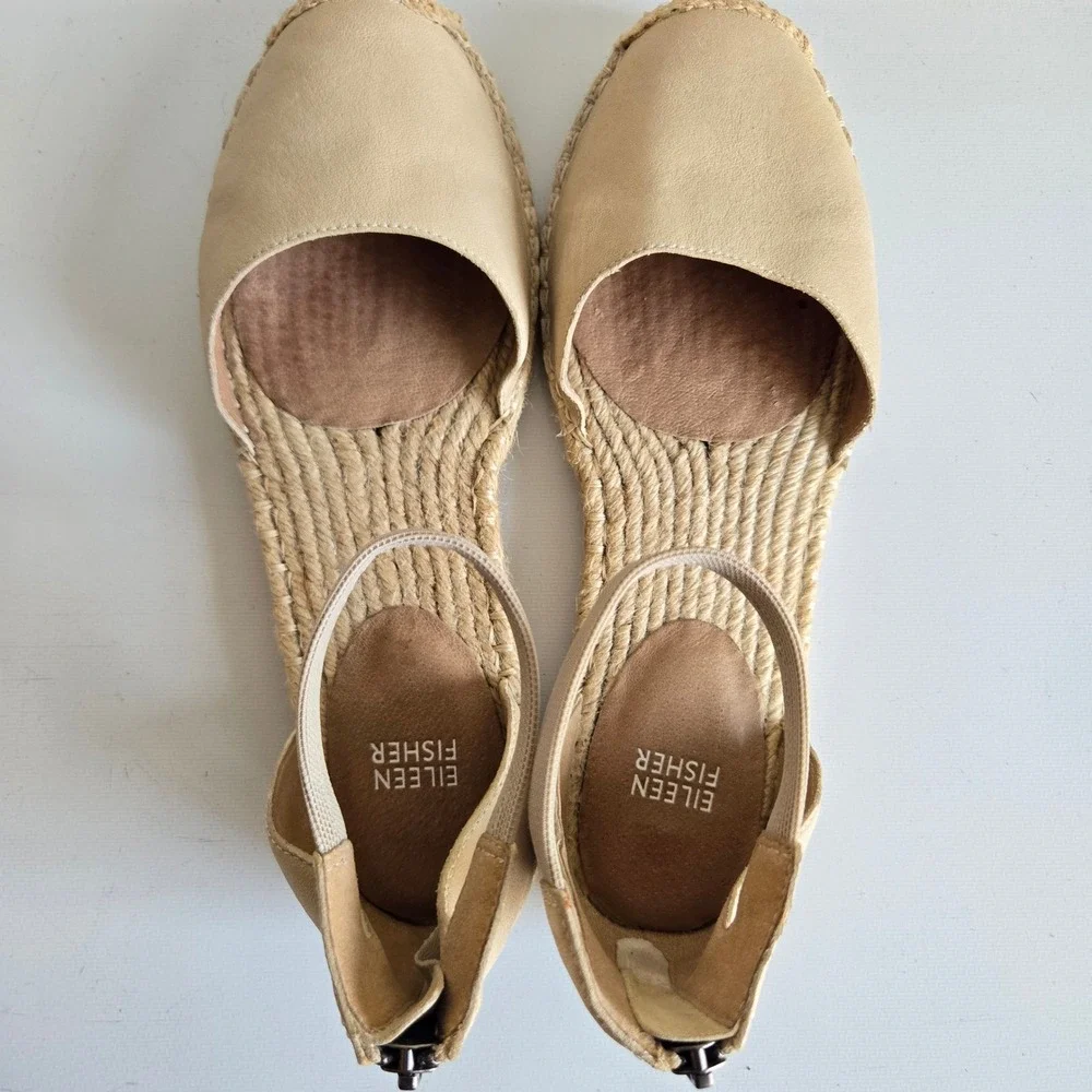 Eileen Fisher Womens Beige Leather Espadrille Ankle Strap Sandals Size 9 Flat